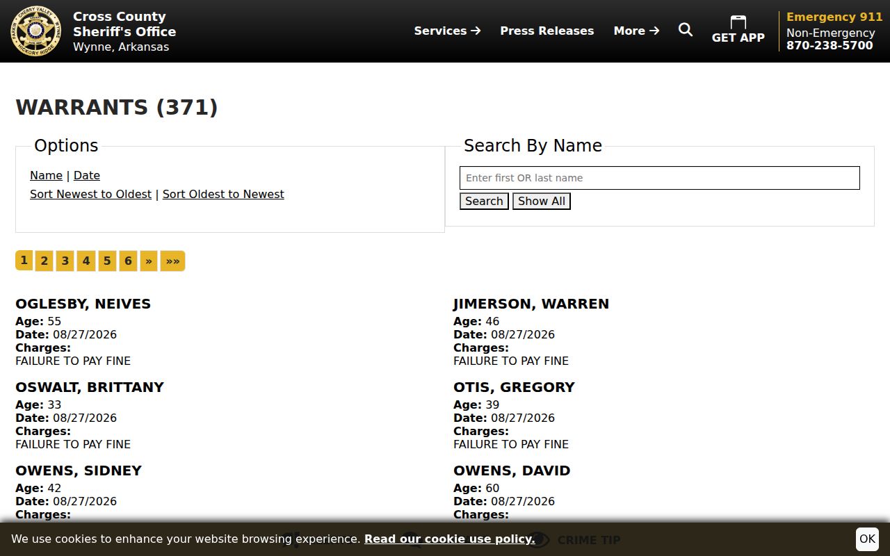 Cross County warrant records search interface