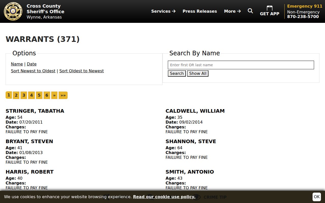 Cross County active warrant search list interface